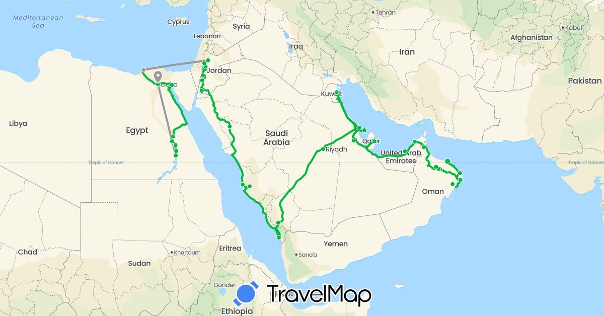 TravelMap itinerary: driving, bus, plane in United Arab Emirates, Bahrain, Egypt, Jordan, Kuwait, Oman, Qatar, Saudi Arabia (Africa, Asia)