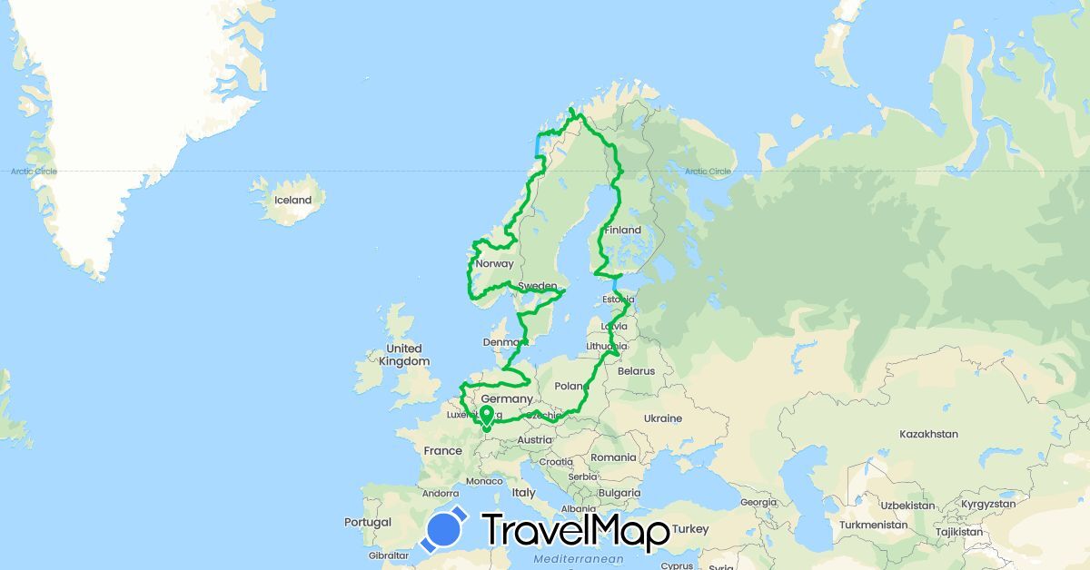 TravelMap itinerary: driving, bus, boat in Belgium, Czech Republic, Germany, Denmark, Estonia, Finland, France, Lithuania, Luxembourg, Latvia, Netherlands, Norway, Poland, Sweden (Europe)