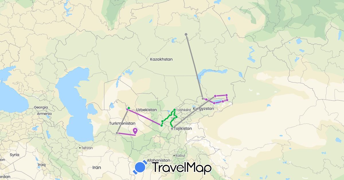TravelMap itinerary: driving, bus, plane, train in Kyrgyzstan, Kazakhstan, Tajikistan, Turkmenistan, Uzbekistan (Asia)