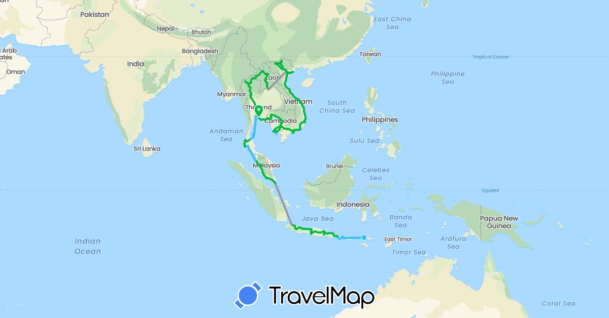 TravelMap itinerary: driving, bus, plane, boat in Indonesia, Cambodia, Laos, Malaysia, Singapore, Thailand, Vietnam (Asia)