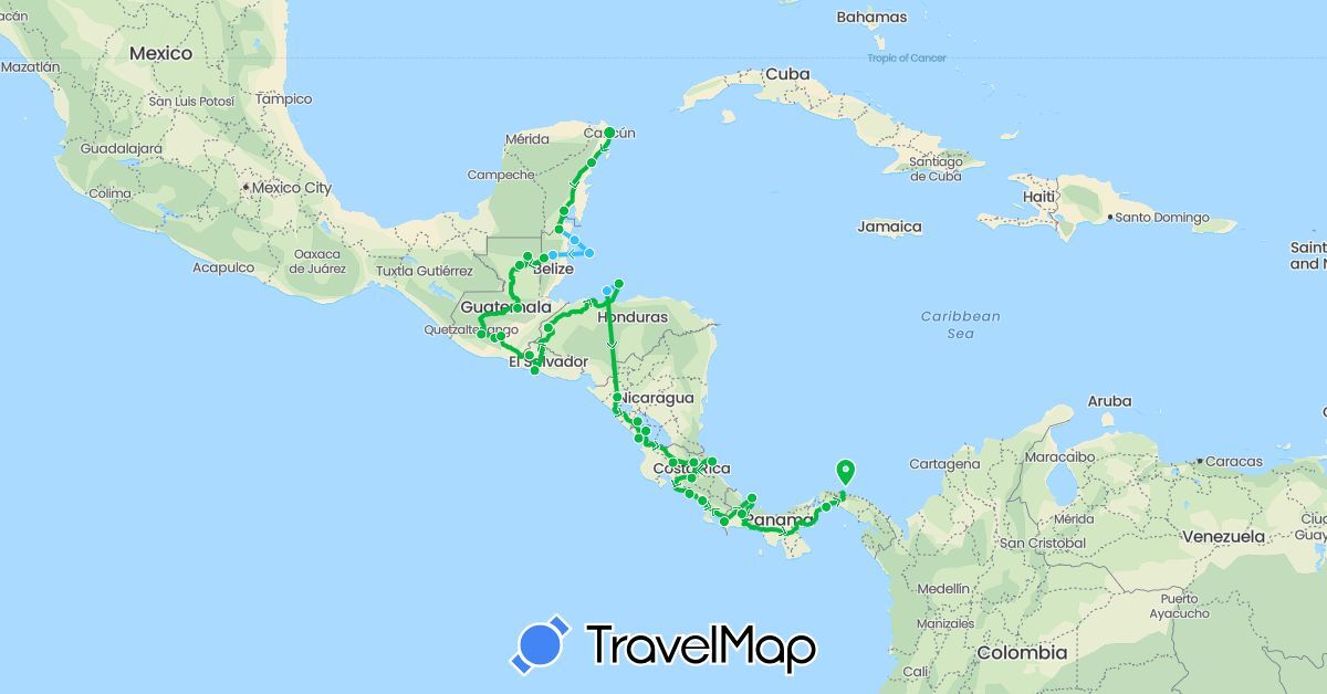 TravelMap itinerary: driving, bus, boat in Belize, Costa Rica, Guatemala, Honduras, Mexico, Nicaragua, Panama, El Salvador (North America)