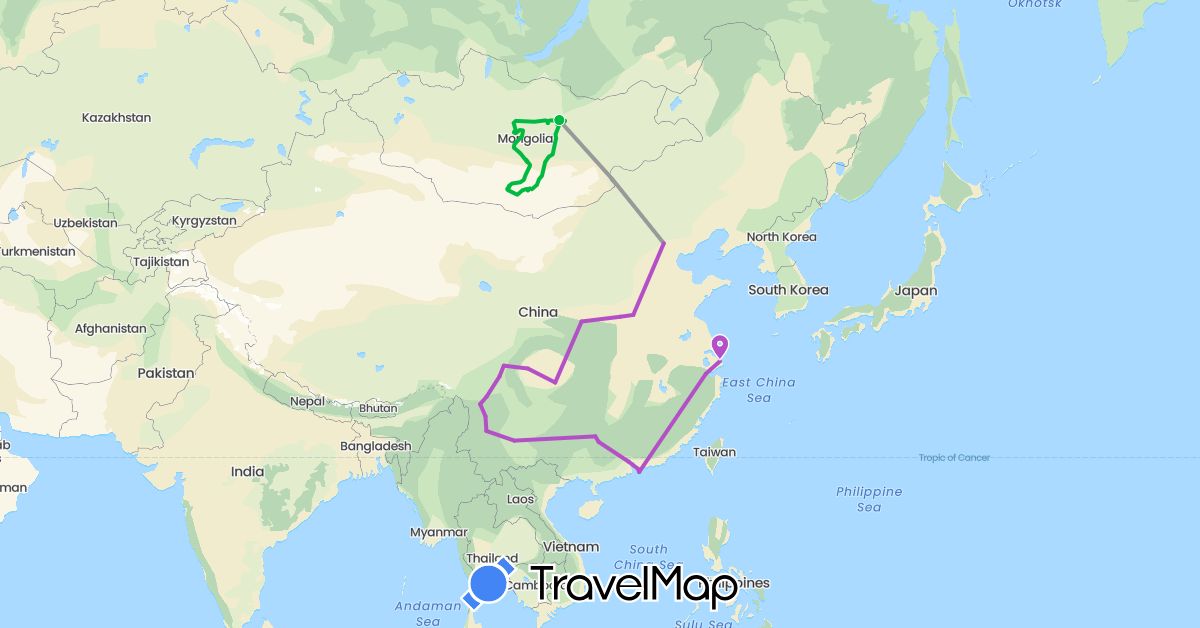 TravelMap itinerary: driving, bus, plane, train in China, Mongolia (Asia)