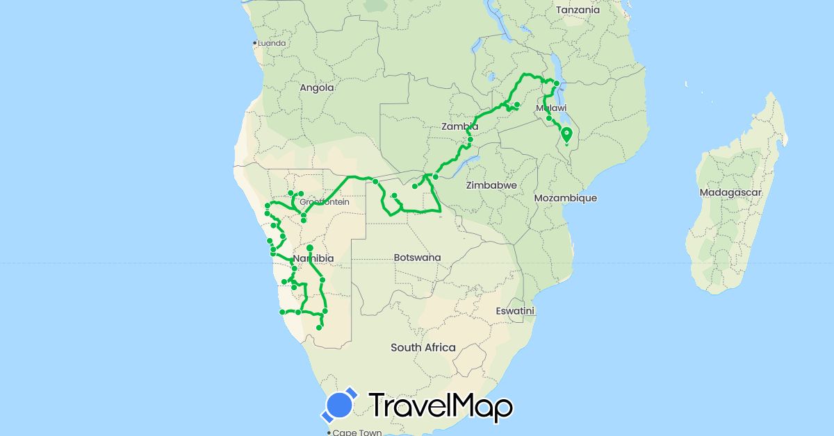 TravelMap itinerary: driving, bus in Botswana, Malawi, Namibia, Zambia (Africa)