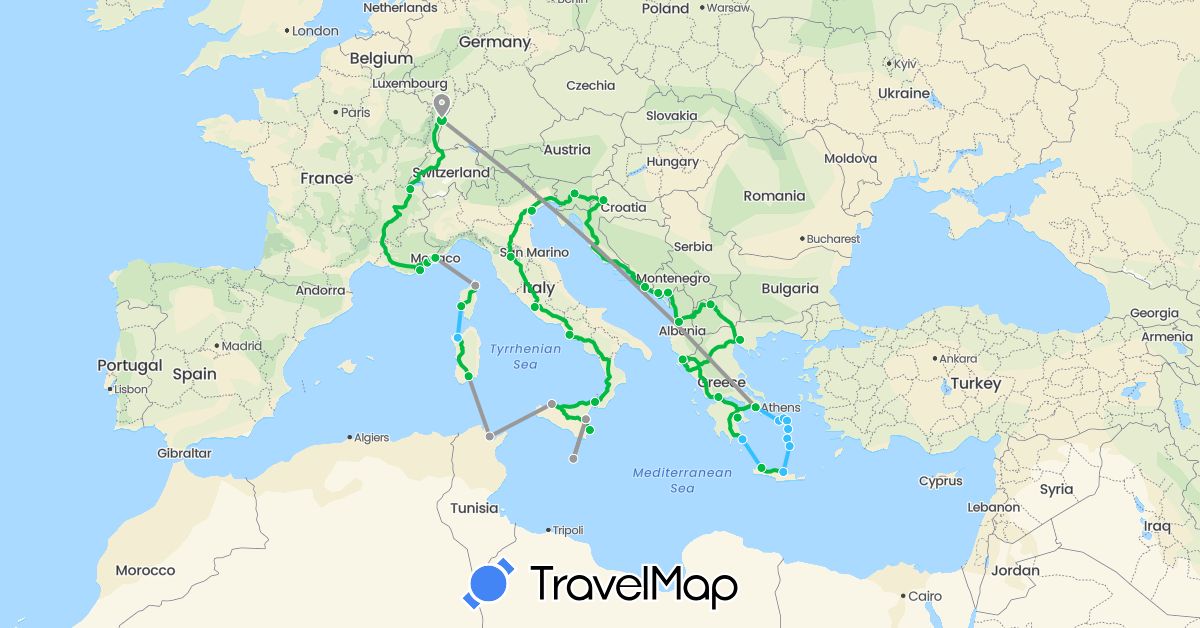 TravelMap itinerary: driving, bus, plane, boat in Albania, Switzerland, France, Greece, Croatia, Italy, Monaco, Montenegro, Macedonia, Malta, Slovenia, Tunisia (Africa, Europe)