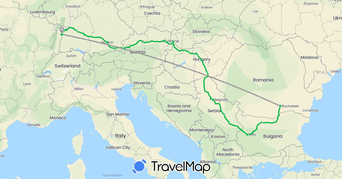 TravelMap itinerary: driving, bus, plane in Austria, Bulgaria, Germany, France, Hungary, Romania, Serbia, Slovakia (Europe)