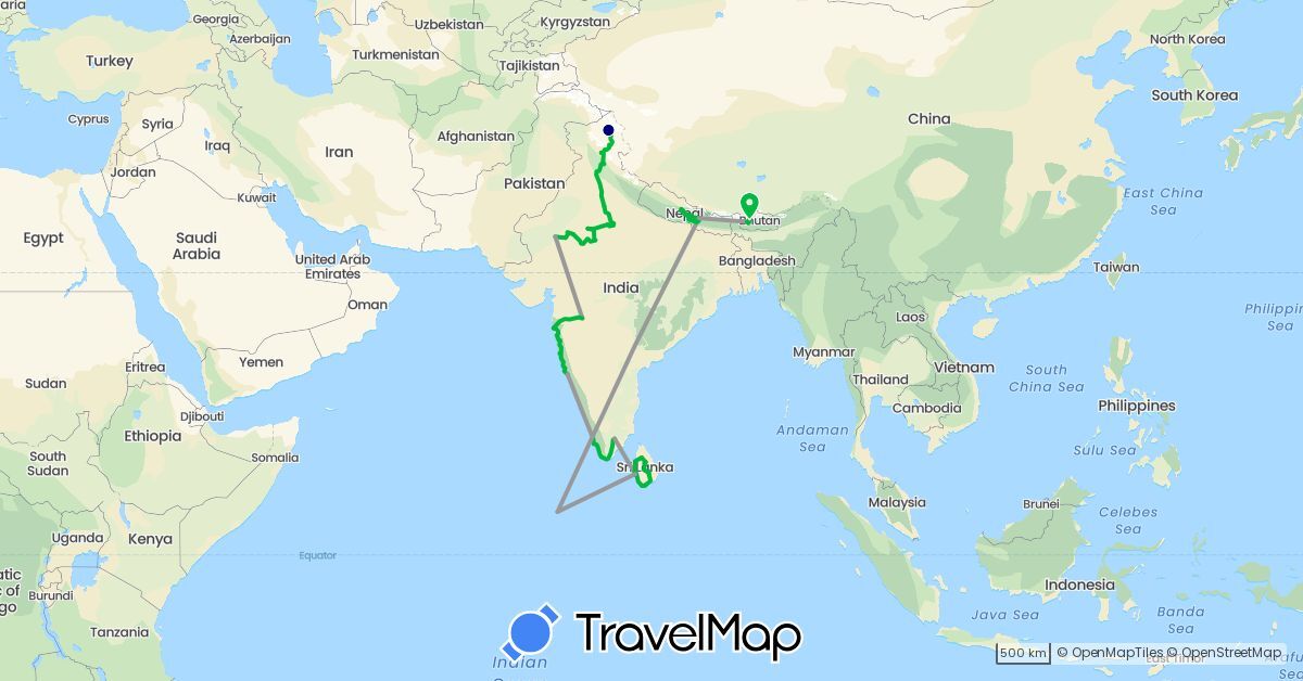 TravelMap itinerary: driving, bus, plane in Bhutan, India, Sri Lanka, Nepal (Asia)