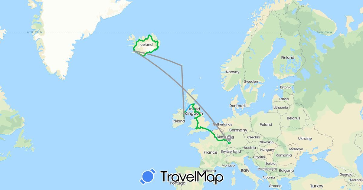 TravelMap itinerary: driving, bus, plane, boat in Faroe Islands, France, United Kingdom, Ireland, Iceland (Europe)
