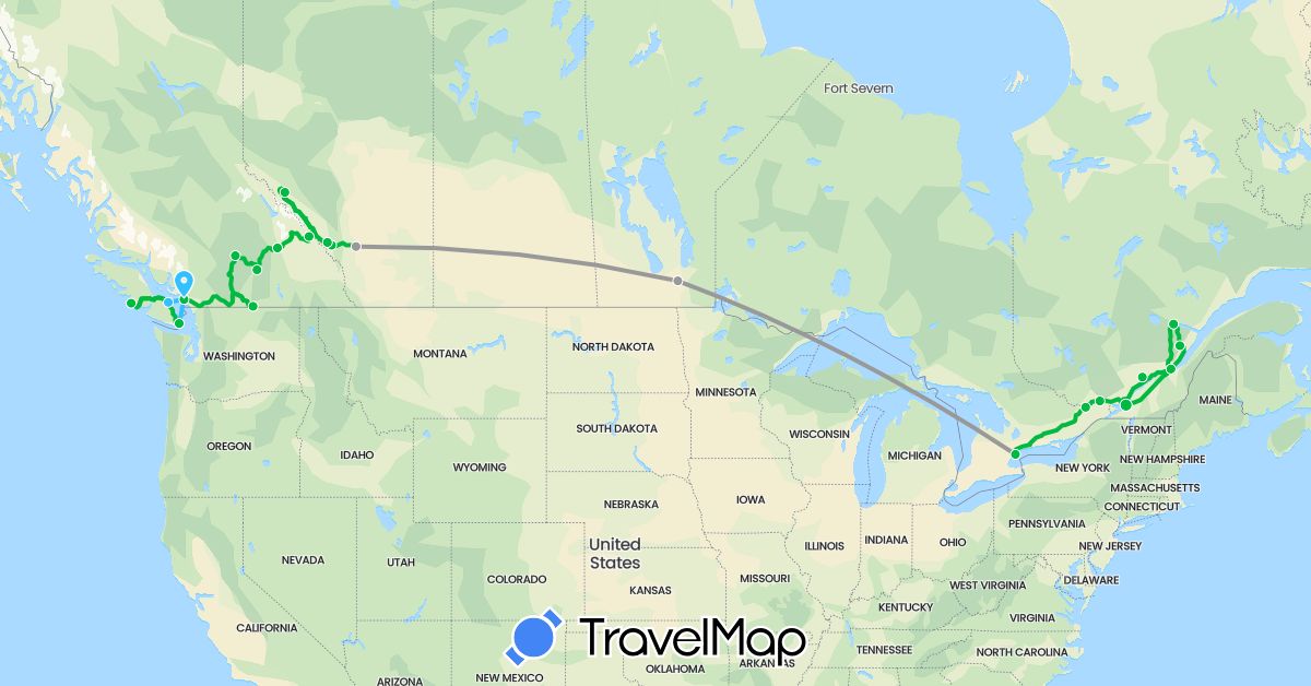 TravelMap itinerary: bus, plane, boat in Canada (North America)